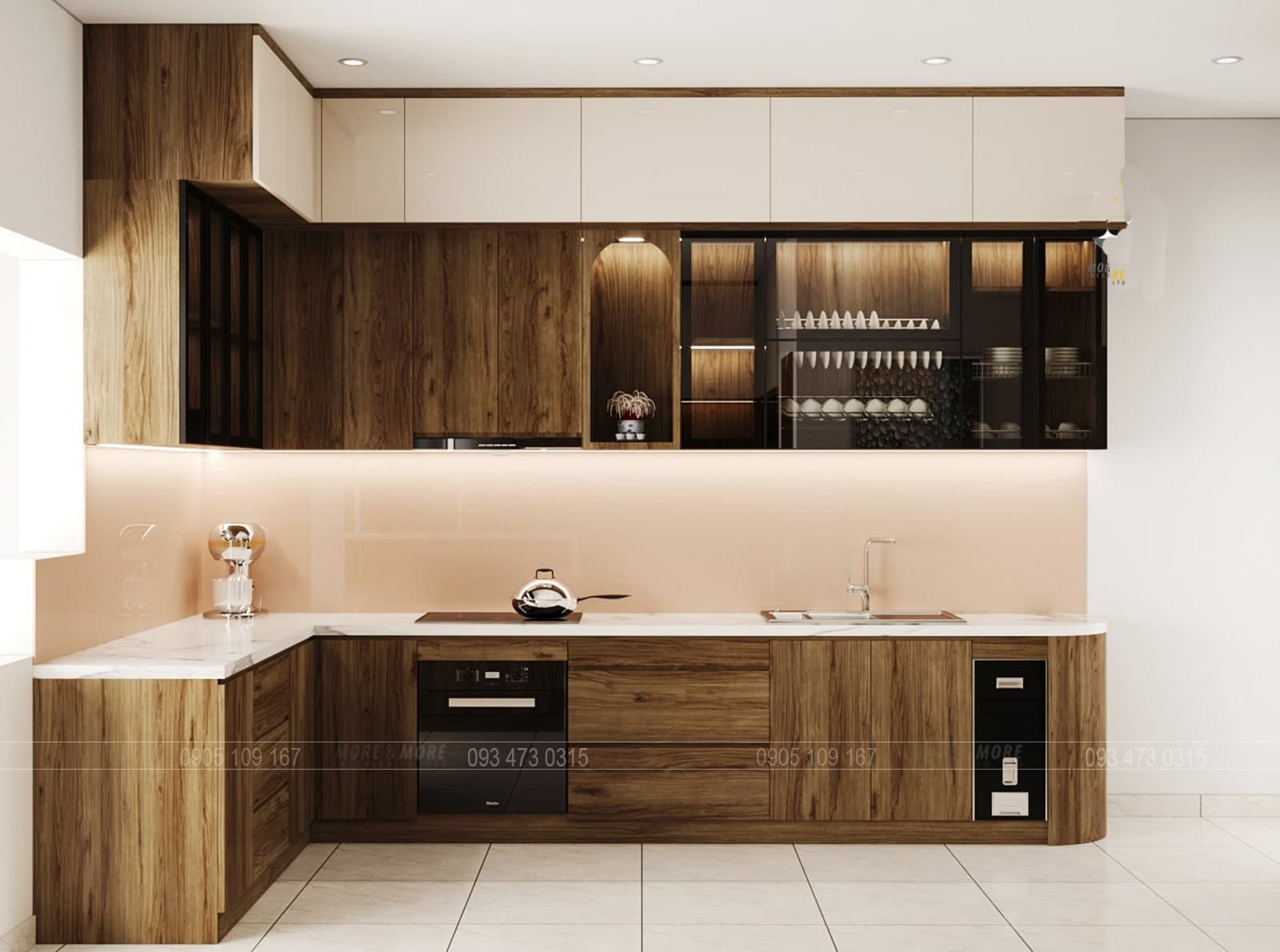 Tủ bếp hiện đại phối vân gỗ và cánh sáng màu cho nhà phố