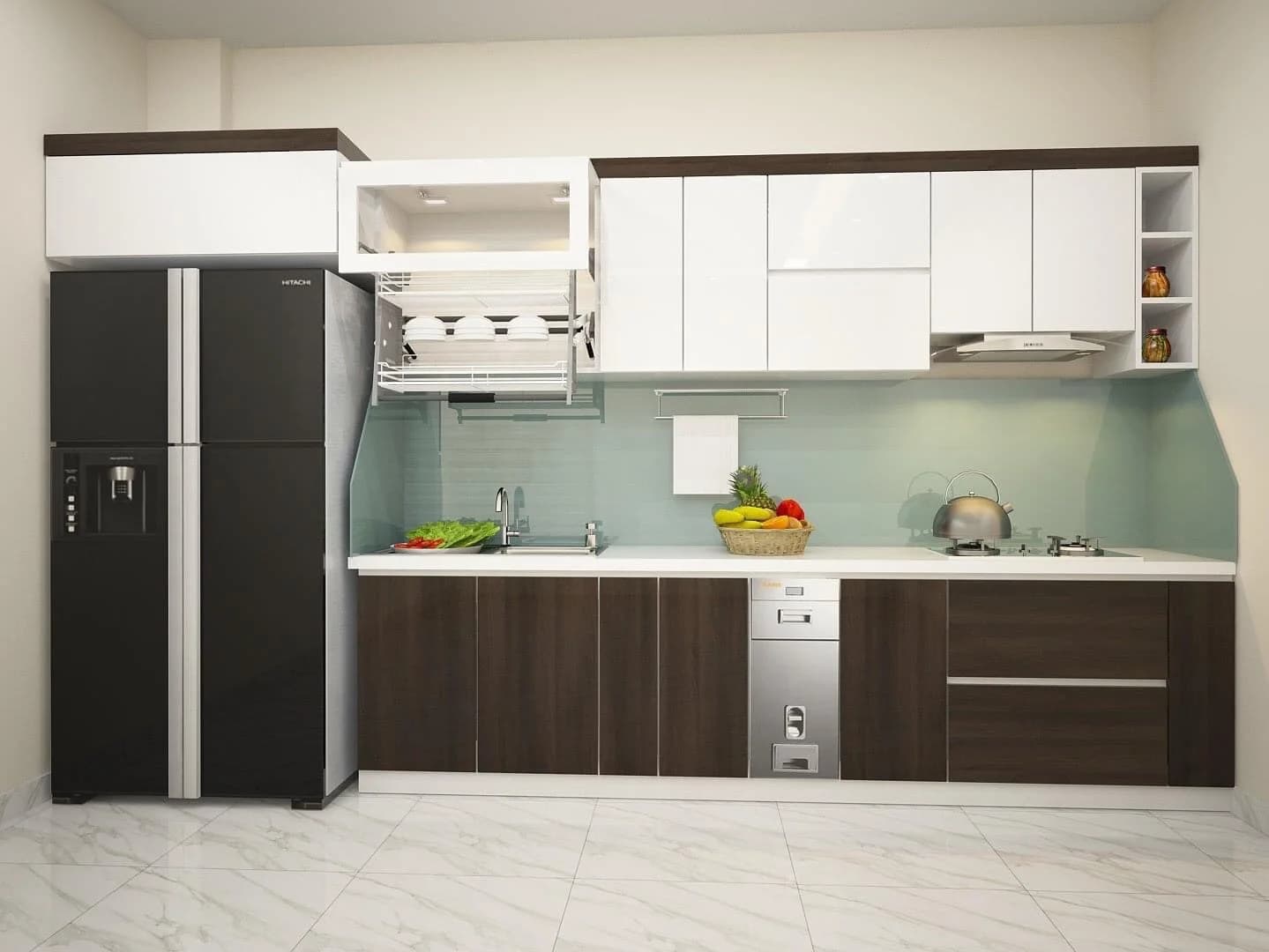 Tủ bếp MDF lõi xanh phủ Melamine phối màu nâu trắng cho căn hộ gia đình trẻ