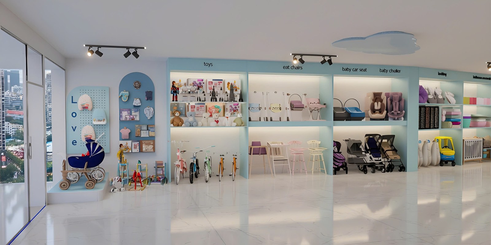 Phối cảnh 3D nội thất cửa hàng mẹ và bé với các khu trưng bày theo nhóm sản phẩm