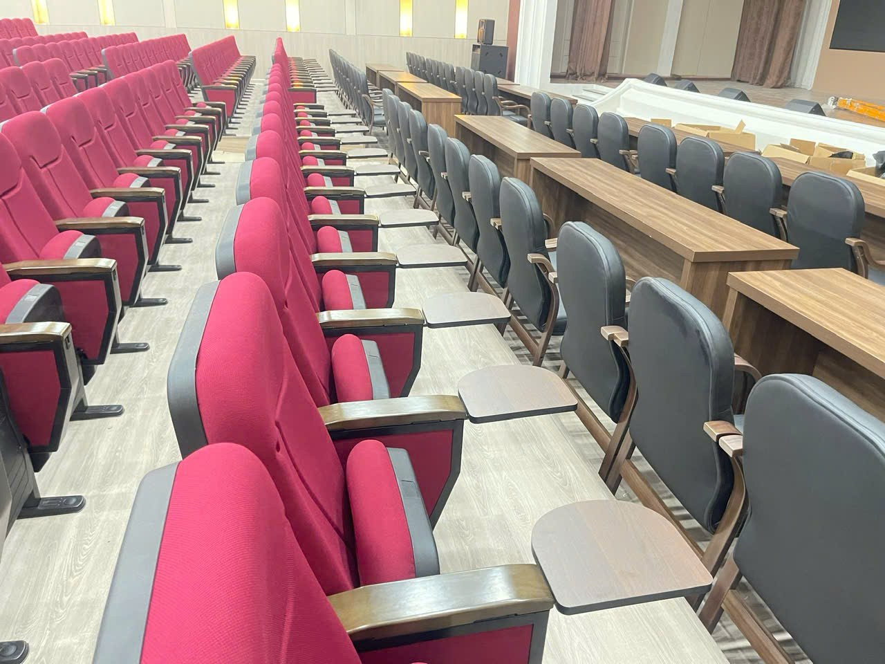 Lối đi bên hông giữa ghế hội trường và khu đại biểu tại Đại học Yersin