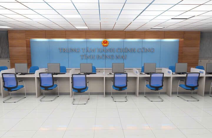 Dãy quầy tiếp nhận hồ sơ chính diện tại Trung tâm Hành chính công Đồng Nai