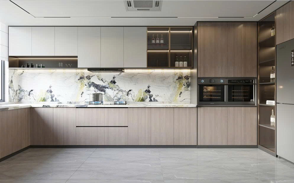 tủ bếp đẹp chữ L hiện đại màu trắng vân gỗ