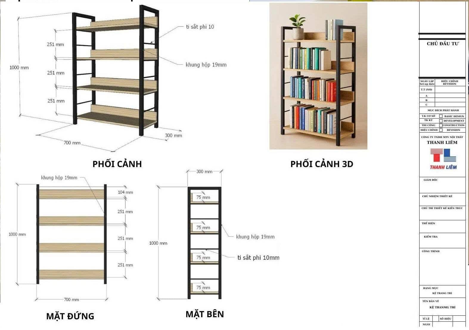 Kệ sách khung sắt 4 tầng – Nội thất Thanh Liêm