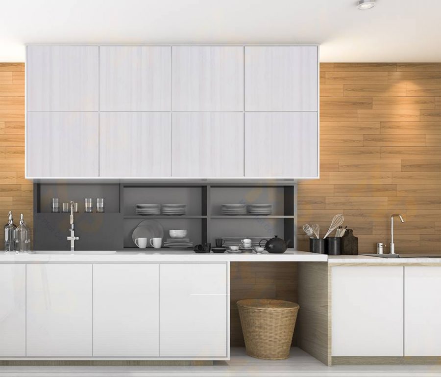 tủ bếp đẹp chữ L trắng vân gỗ chung cư hiện đại